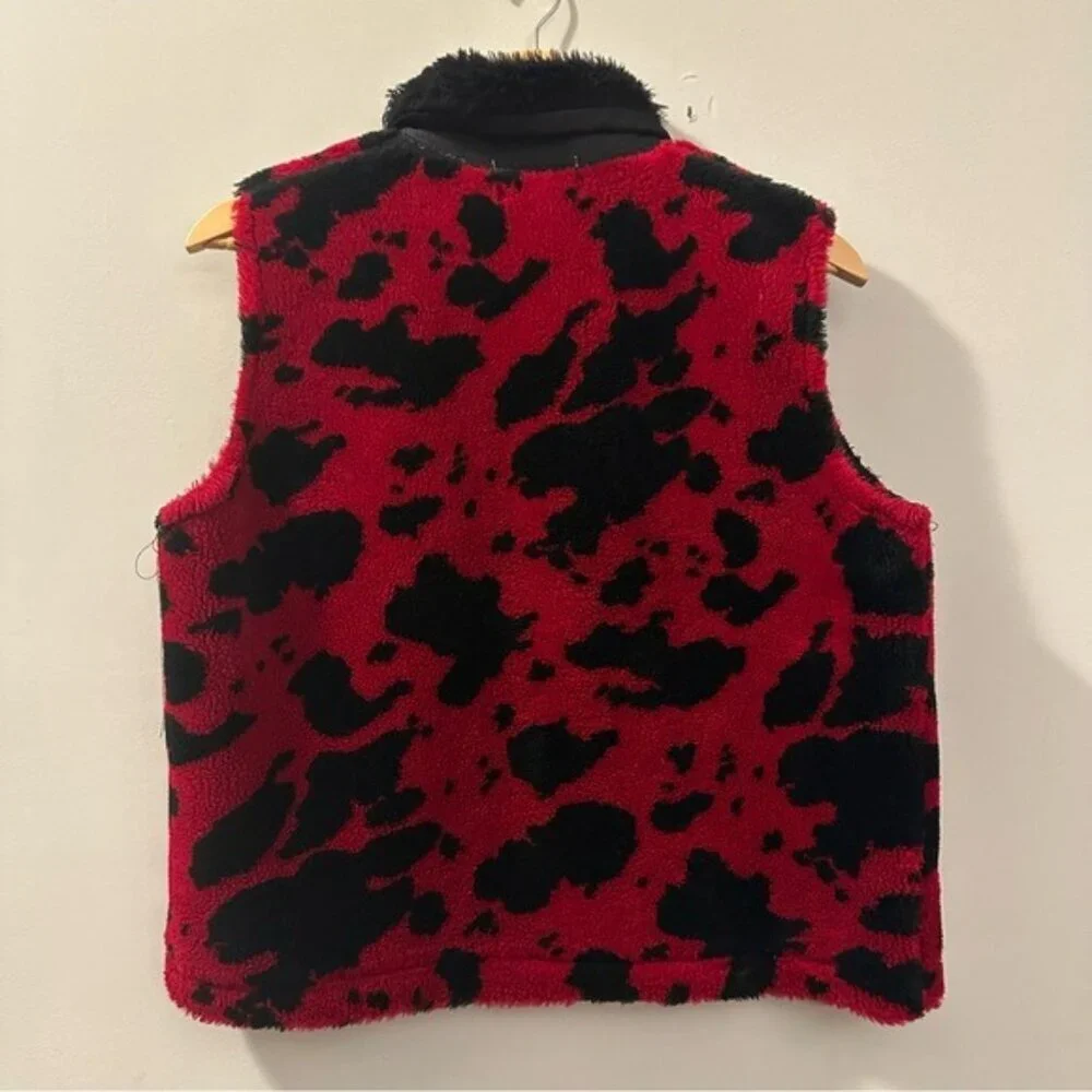 90s Tally-Ho Red Black Cow Print Vest Faux Fur Collar Y2K Retro Medium Petite